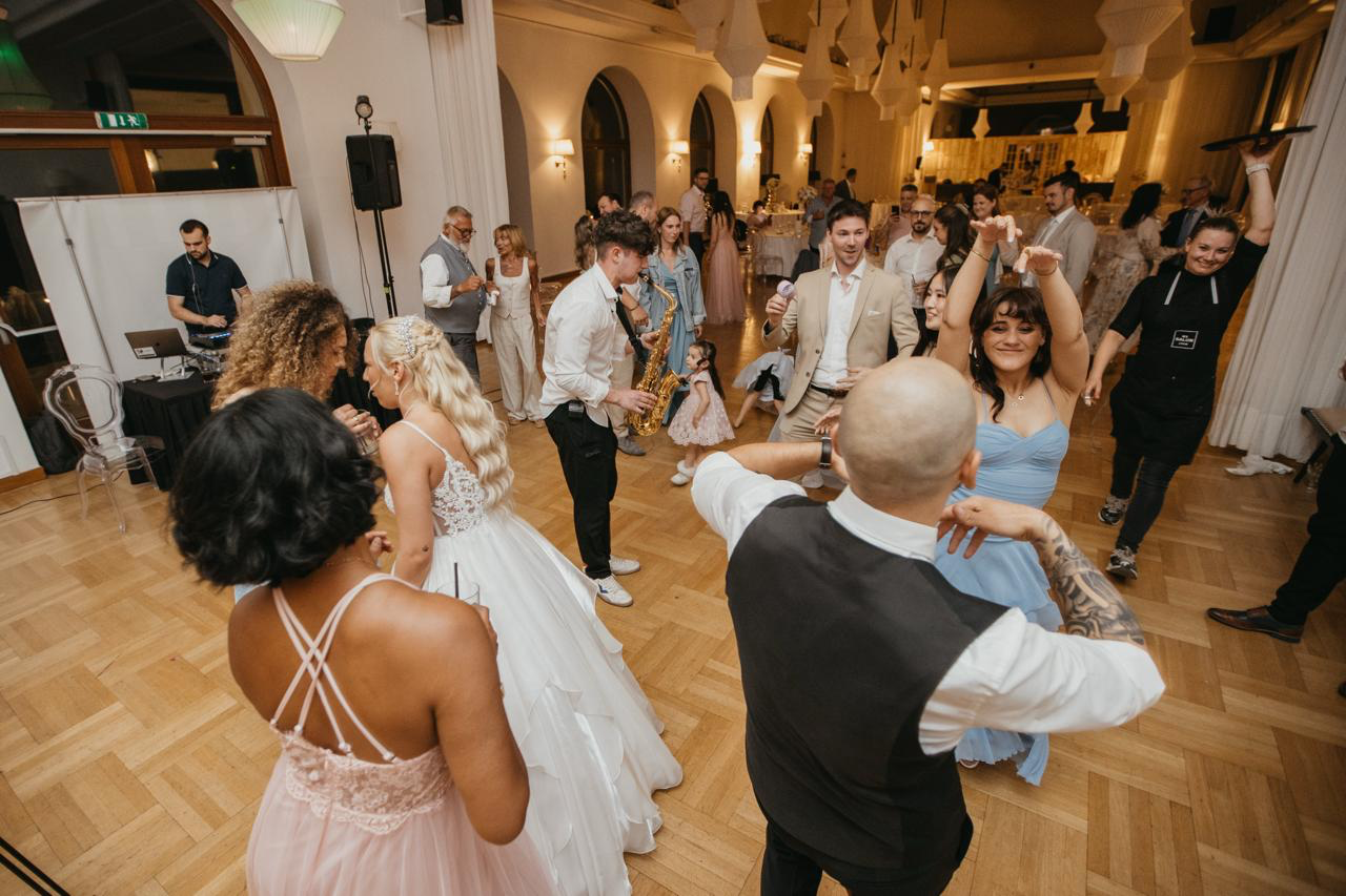A wedding reception in full swing